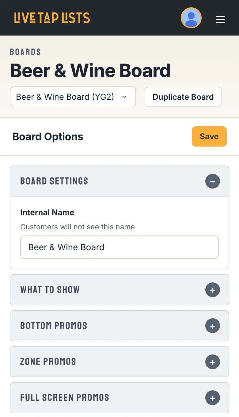 After: the board editor on a phone, with the board name, switcher and settings sections that fit the screen