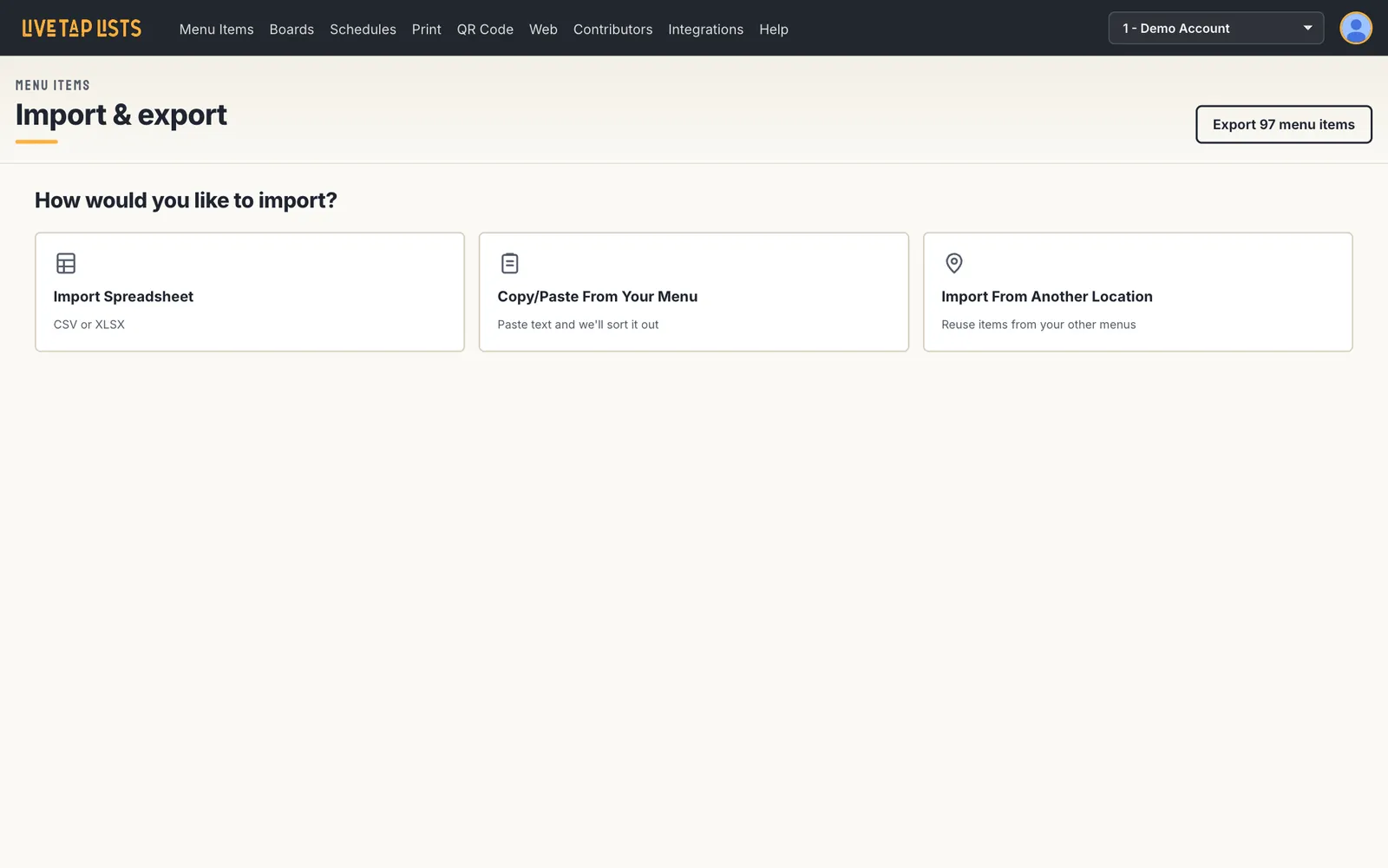 After: the redesigned Import and export page, with three import options as cards with icons and short descriptions