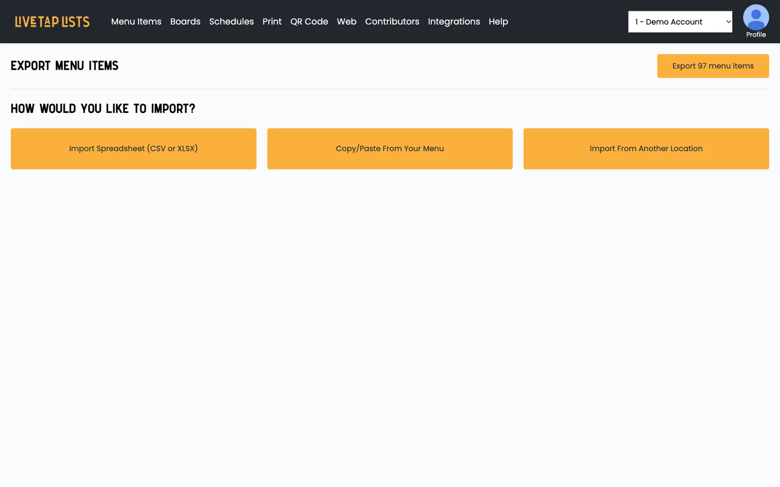 Before: the old import page, with three gold buttons