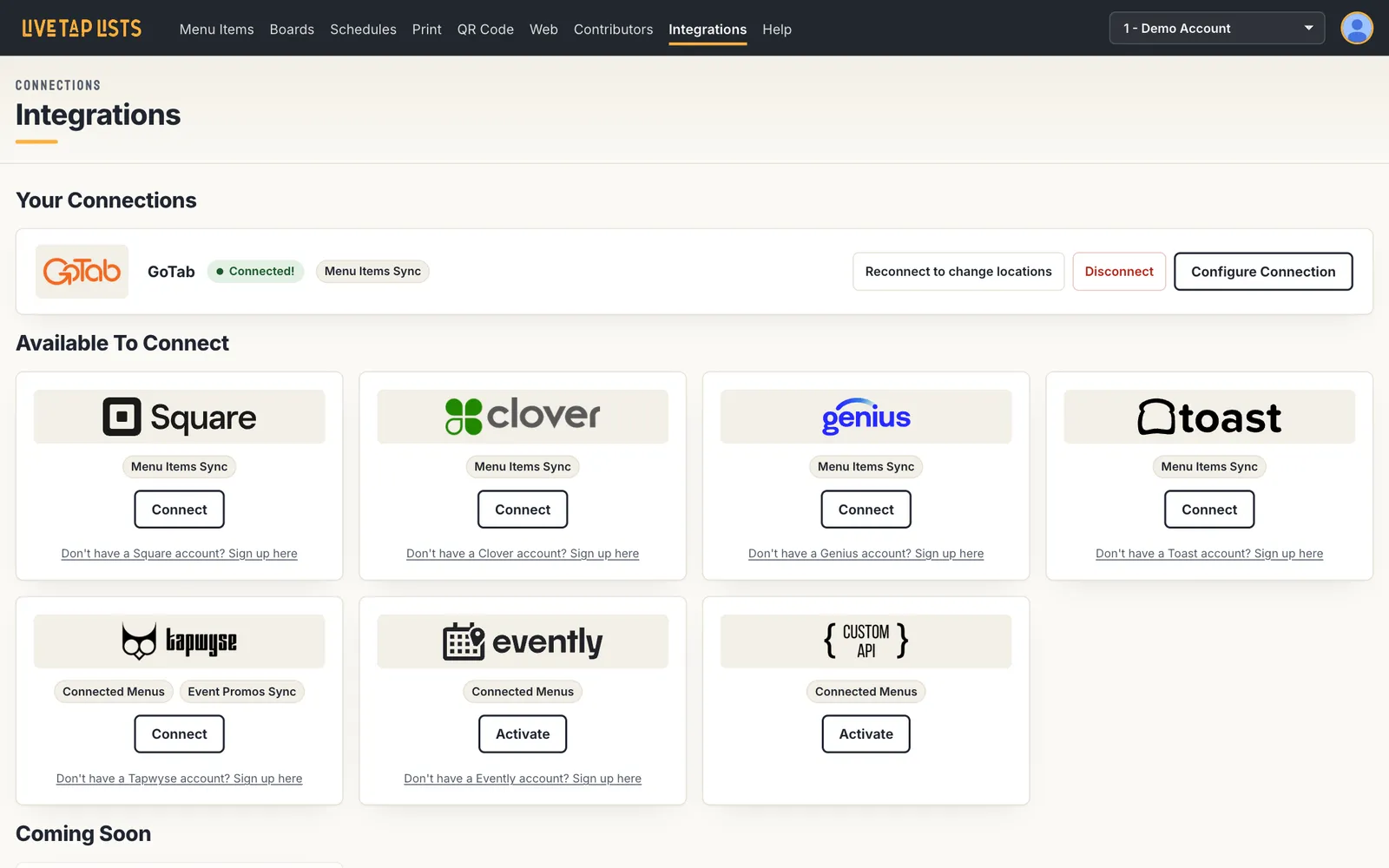 After: the redesigned Integrations page, with your connection in one row and available integrations in a tidy grid of cards