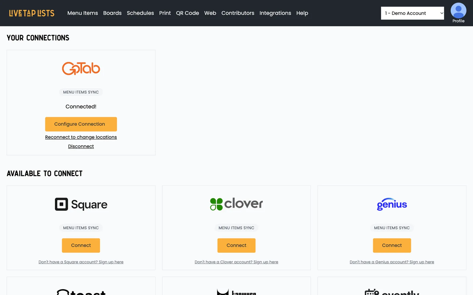 Before: the old Integrations page, with large cards and gold Connect buttons