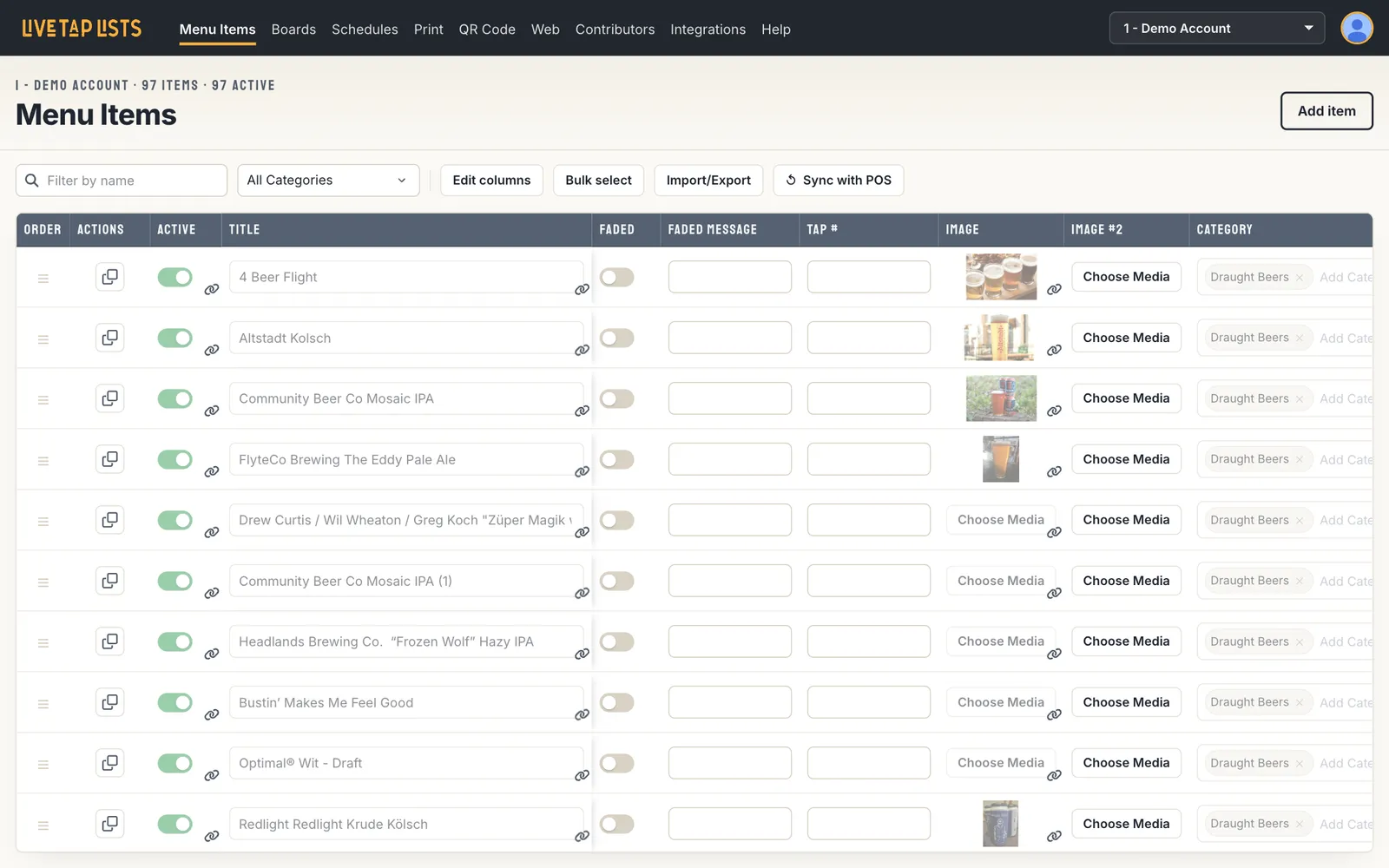 After: the redesigned Menu Items page, with a page title, item counts, a single toolbar and a calmer table