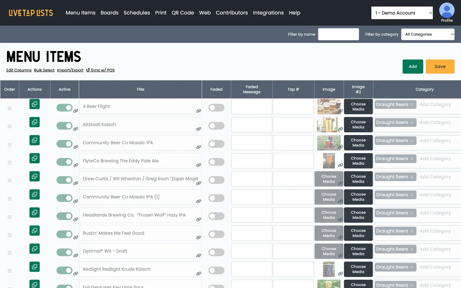 Before: the old Menu Items page, with filters in a colored band, small text links and green and gold buttons