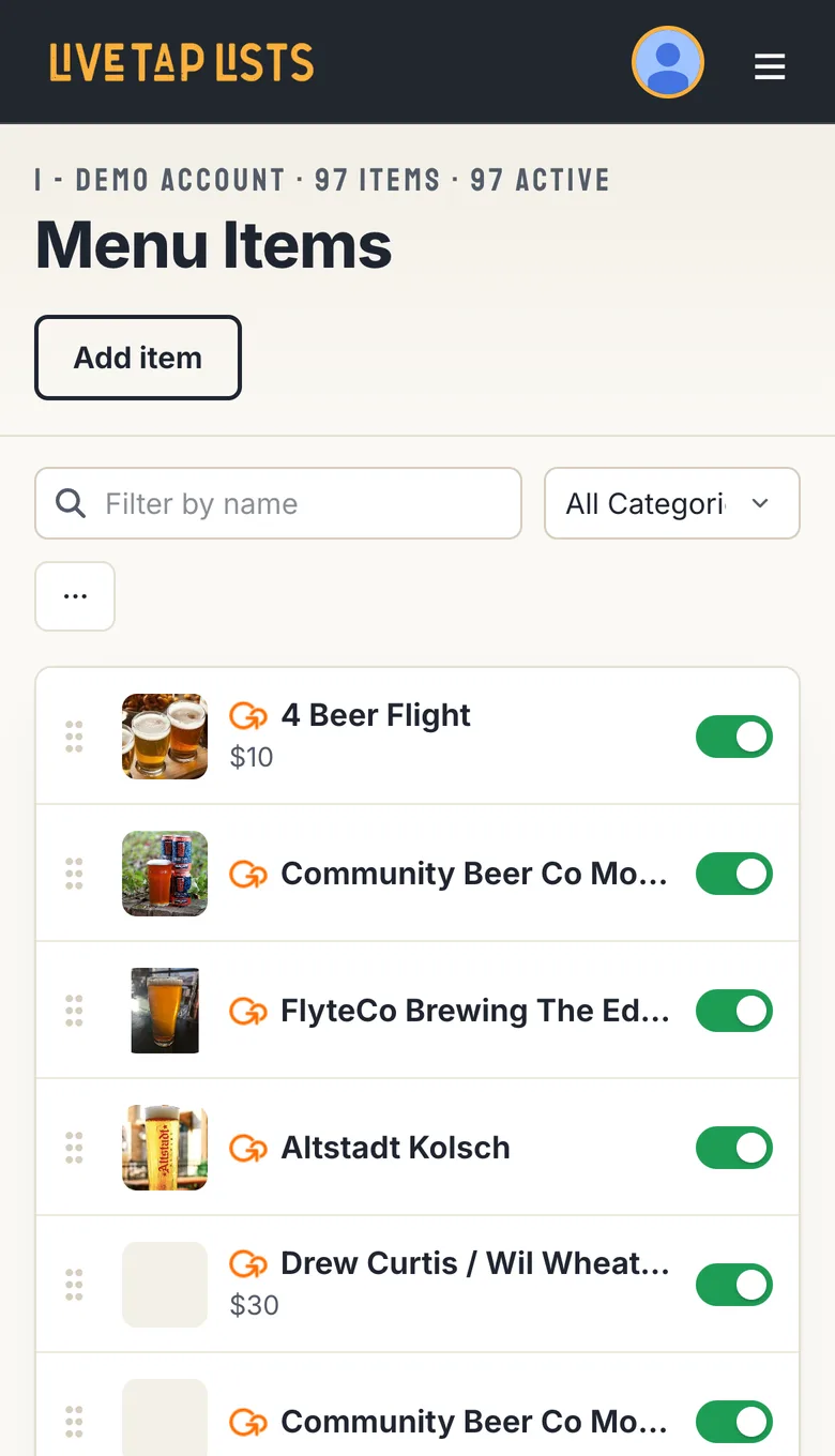 After: Menu Items on a phone, with the title and item counts, a compact search and filter row, and simple rows showing each item's photo, name, price and on/off toggle