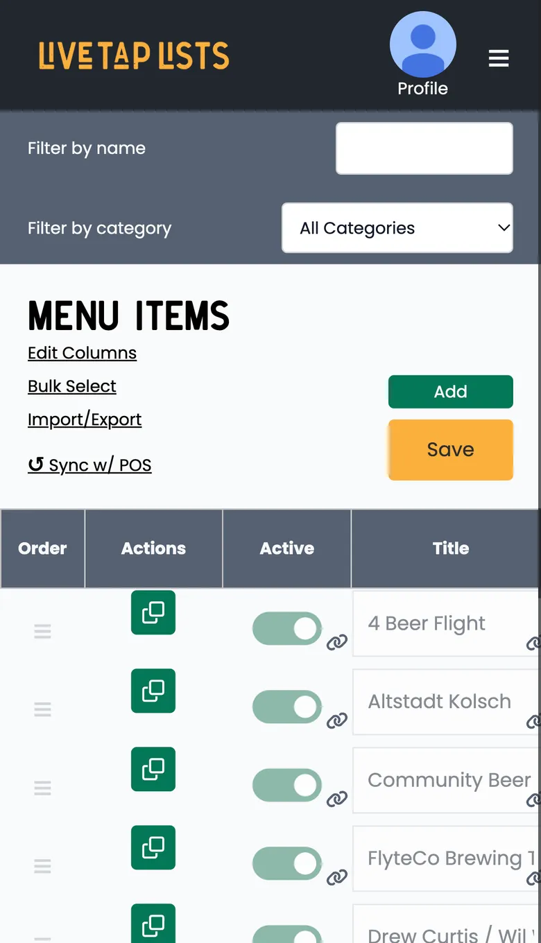 Before: Menu Items on a phone, with cramped filters and small text links