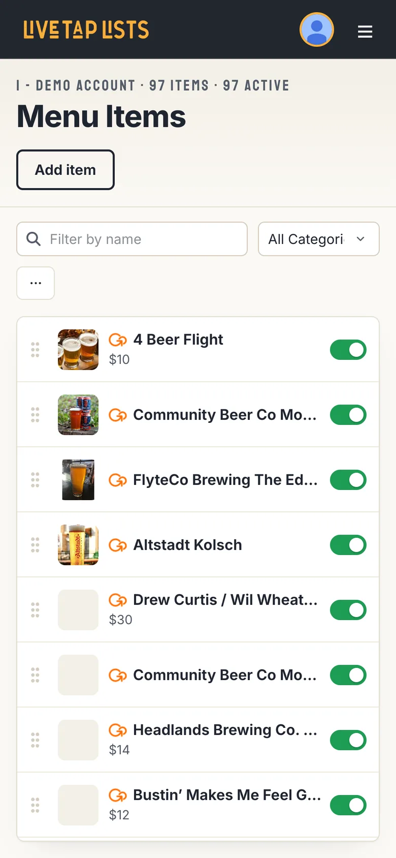 Menu Items on a phone: one row per item with a drag grip, photo, name, price and an on/off toggle