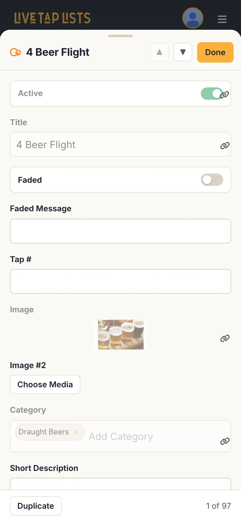 The edit sheet for 4 Beer Flight on a phone, with up and down arrows, a Done button, the item's fields stacked one above the other, and Duplicate and 1 of 97 at the bottom
