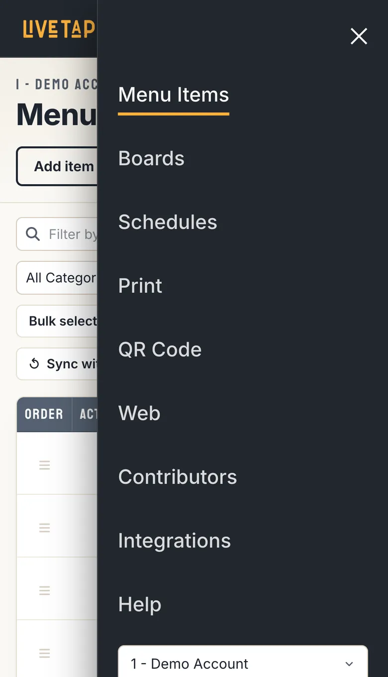 After: the phone menu, a dark slide-out with large links, the current page underlined and the location switcher