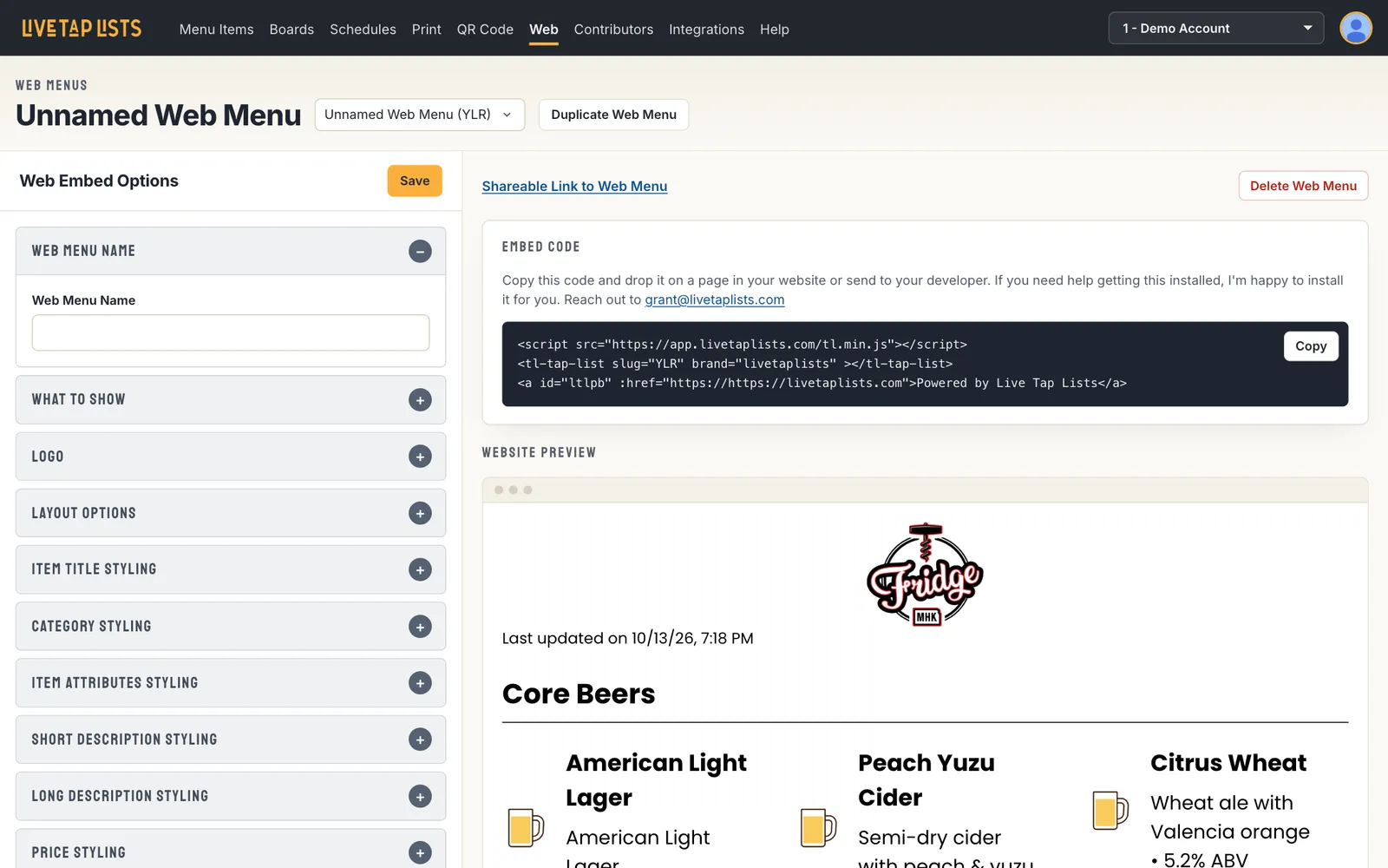After: the redesigned web menu page, with the embed code in a dark code box with a Copy button and the preview in a browser frame