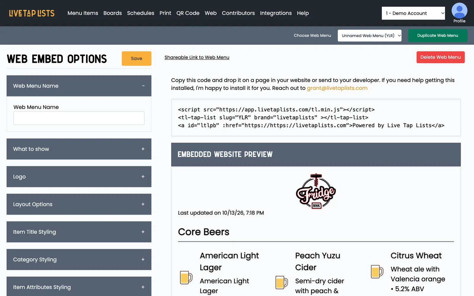 Before: the old web menu page, with the embed code in a plain box and a gray preview heading