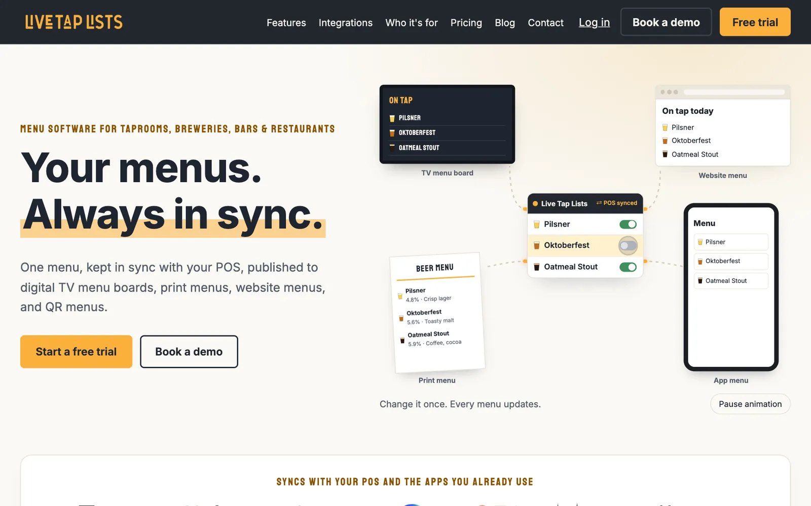 After: the new Live Tap Lists home page, with a light background, clear navigation and an animation of one menu syncing to TV, print, web and app menus