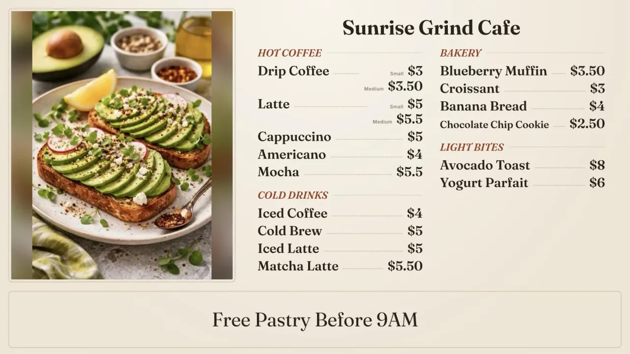 Bistro theme on a café menu: an avocado toast photo beside serif hot coffee, cold drinks, bakery and light bites on warm cream, with dotted leaders to the prices and a framed "Free Pastry Before 9AM" banner