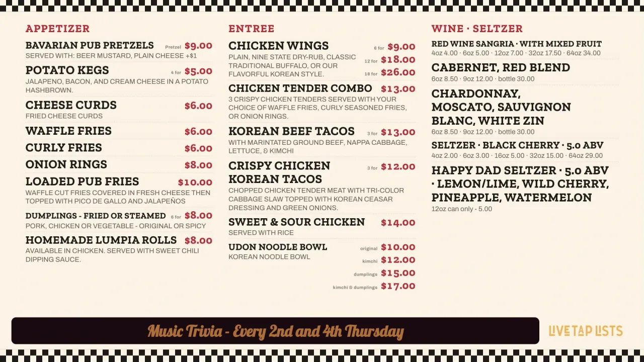 Diner theme on a brewery food menu: checkerboard trim, red slab-serif headings for Appetizer, Entree and Wine · Seltzer, bold item names with red prices, and a "Music Trivia - Every 2nd and 4th Thursday" banner