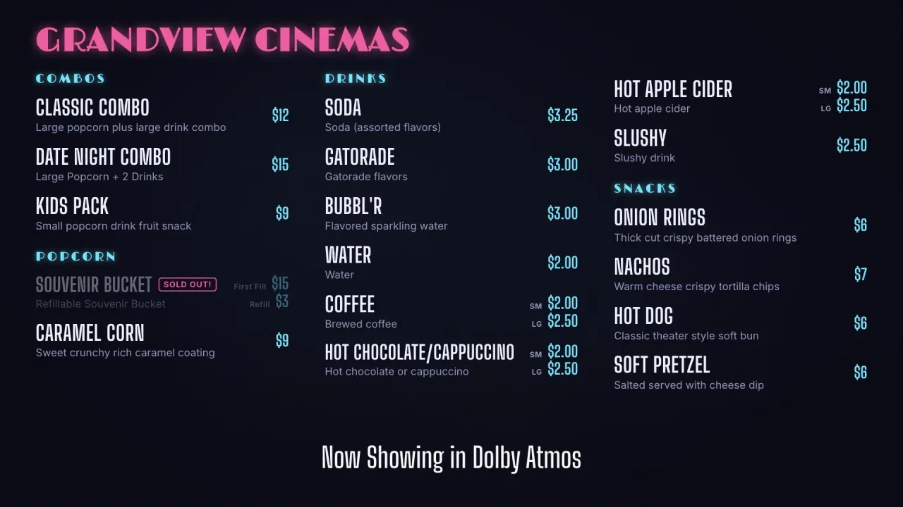 Neon Hall theme on a movie theater concession board: a glowing pink "Grandview Cinemas" title, cyan category labels for combos, popcorn, drinks and snacks, and a "Now Showing in Dolby Atmos" banner
