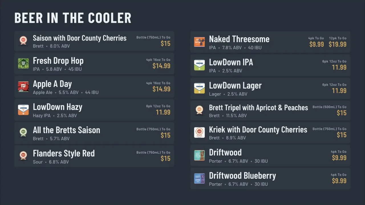 Slate & Brass theme on a brewery's "Beer in the Cooler" board: cans and bottles on dark slate cards, each with a label thumbnail and brass-gold to-go prices for 4-packs, 6-packs and bottles