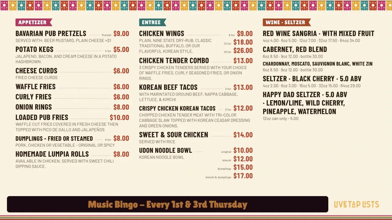 Taquería theme on a brewery food menu: papel picado bunting across the top, colored tag headings, condensed uppercase items with red prices, and a "Music Bingo – Every 1st & 3rd Thursday" banner