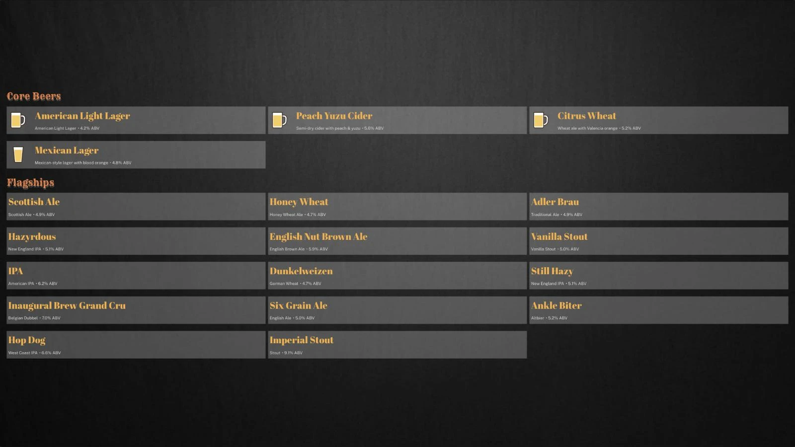 Before: a beer board with small serif beer names on gray boxes, tiny style and ABV text, and a large empty band across the top and bottom